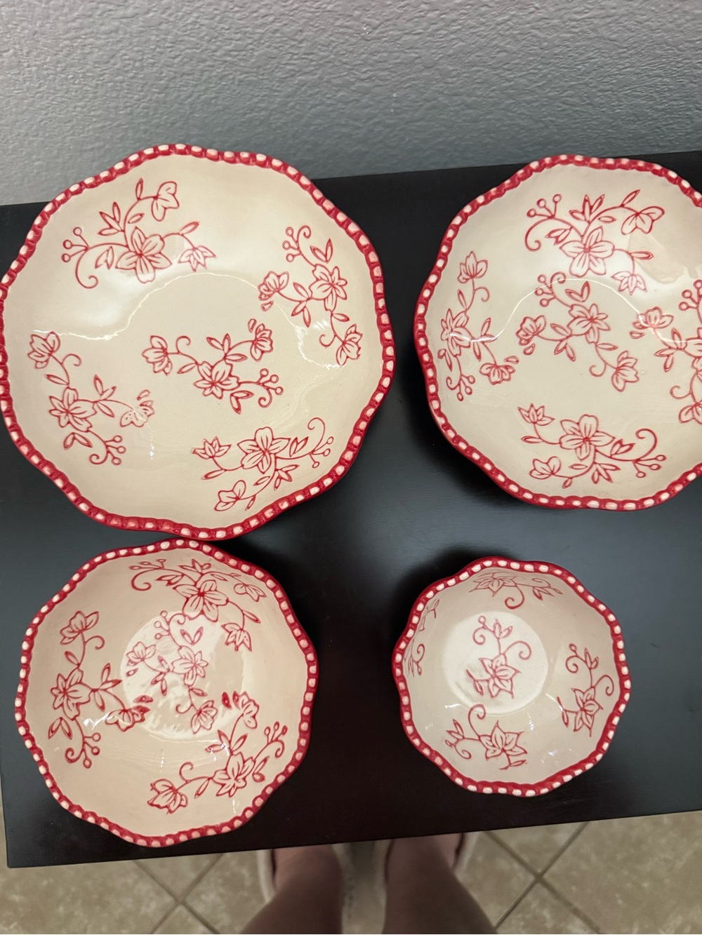 Cream and Red Floral Ceramic Bowl Set - 4 Piece  pedestal. Temp-tations
